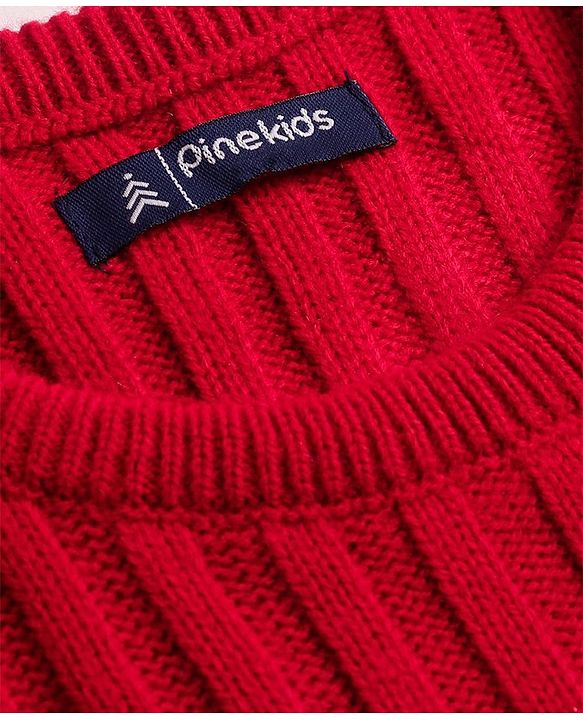 Pine Kids Knitted Full Sleeves Pullover Sweater with Stripes & Cable Knit Design - Red