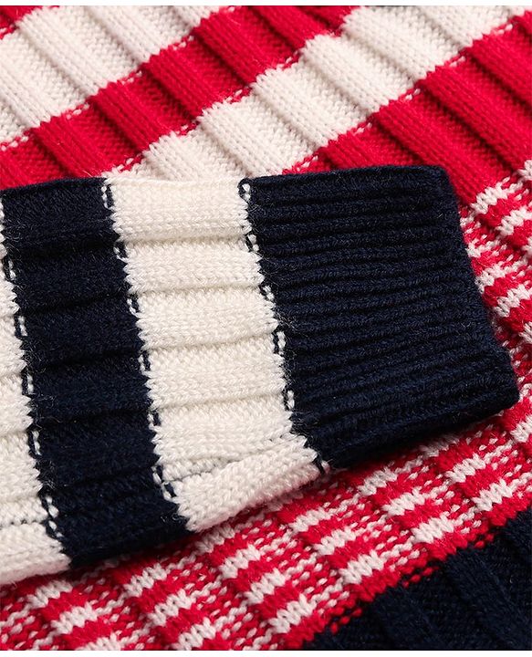 Pine Kids Knitted Full Sleeves Pullover Sweater with Stripes & Cable Knit Design - Red
