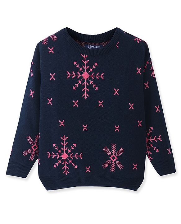 Pine Kids Knitted Full Sleeves Pullover Sweater With Snowflakes Design - Navy Blue