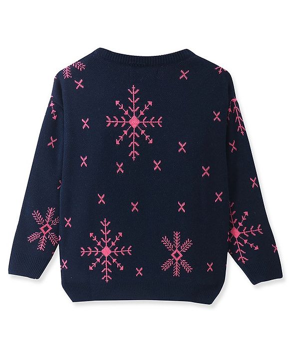 Pine Kids Knitted Full Sleeves Pullover Sweater With Snowflakes Design - Navy Blue