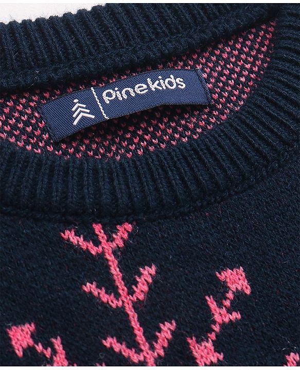 Pine Kids Knitted Full Sleeves Pullover Sweater With Snowflakes Design - Navy Blue
