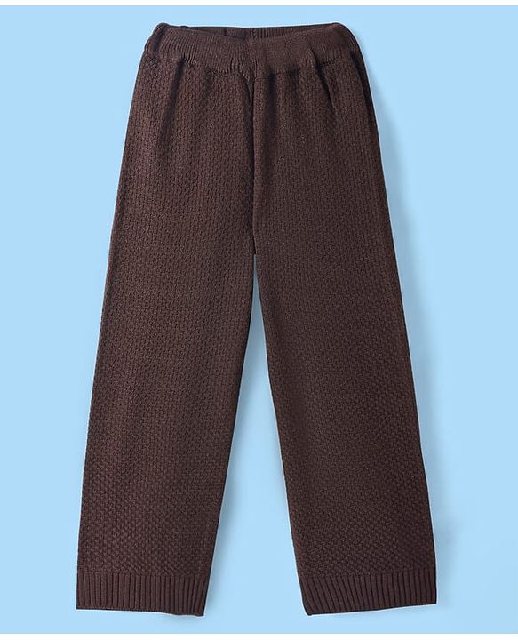 Pine Kids Knitted Full Sleeves Pullover Sweater & Pant Set with Solid Color - Brown & White