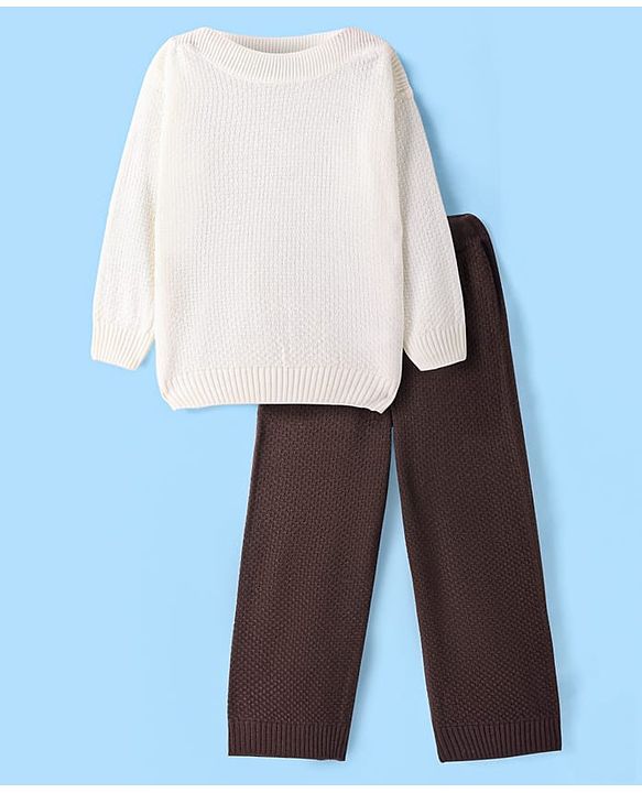 Pine Kids Knitted Full Sleeves Pullover Sweater & Pant Set with Solid Color - Brown & White