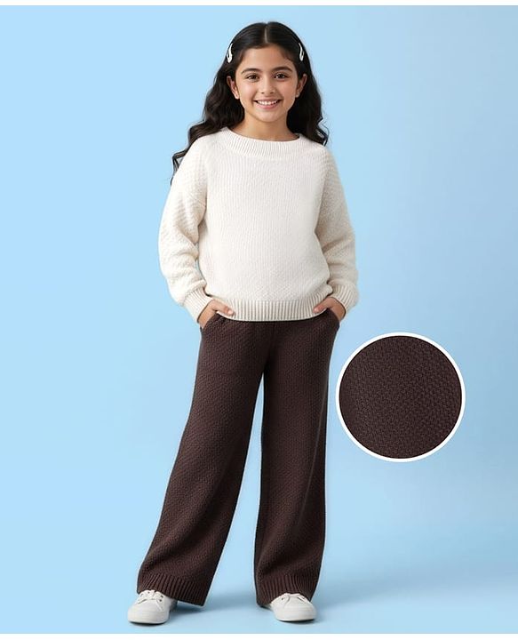 Pine Kids Knitted Full Sleeves Pullover Sweater & Pant Set with Solid Color - Brown & White