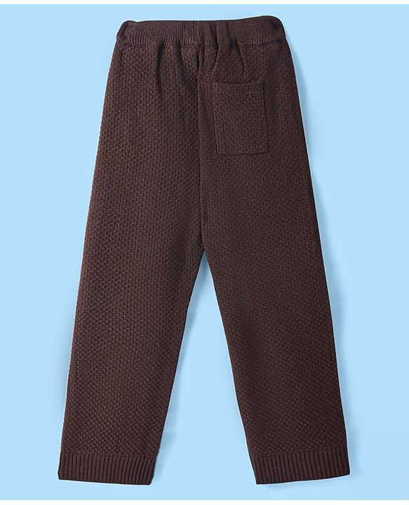 Pine Kids Knitted Full Sleeves Pullover Sweater & Pant Set with Solid Color - Brown & White