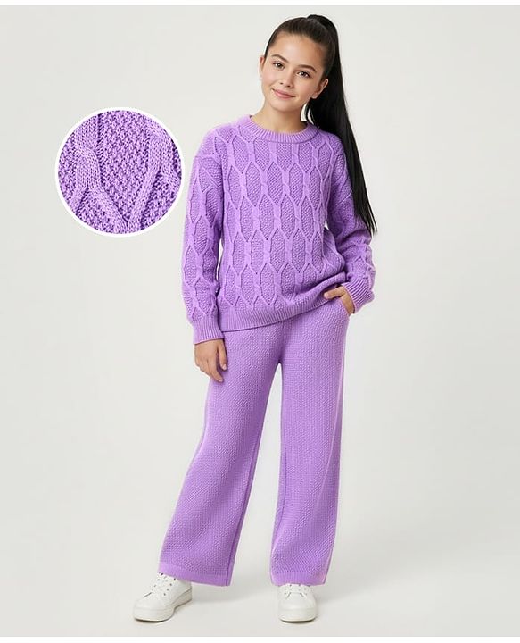 Pine Kids Knitted Full Sleeves Sweater & Pant Set with Cable Knit Design - Purple