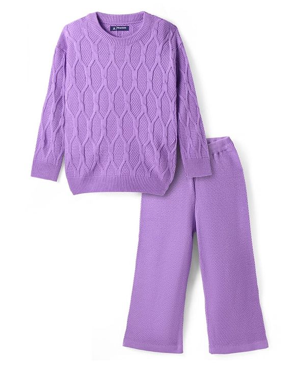 Pine Kids Knitted Full Sleeves Sweater & Pant Set with Cable Knit Design - Purple