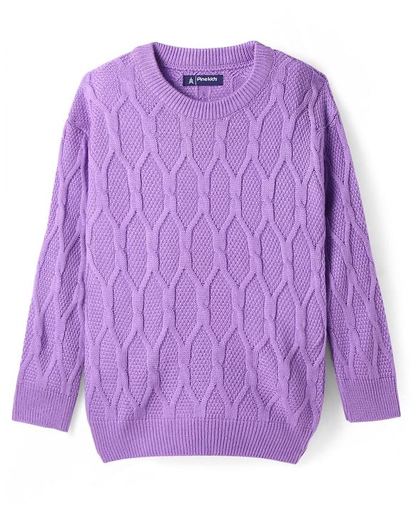 Pine Kids Knitted Full Sleeves Sweater & Pant Set with Cable Knit Design - Purple