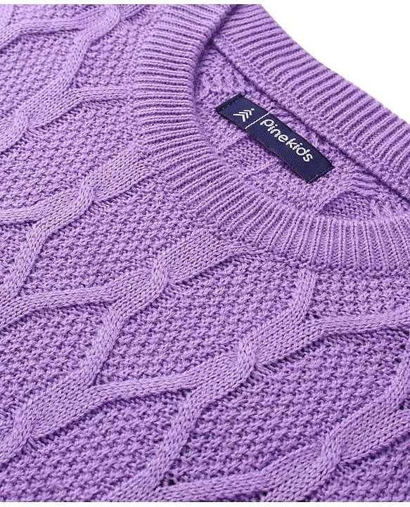 Pine Kids Knitted Full Sleeves Sweater & Pant Set with Cable Knit Design - Purple