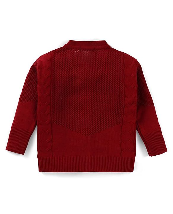 Pine Kids Knitted Full Sleeves Solid Colour Front Open Sweater with Pullover & Pant Set - Dark Red