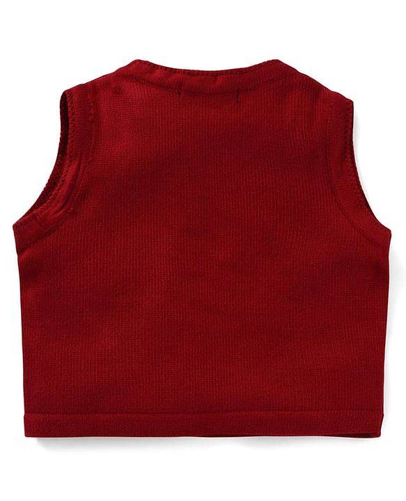 Pine Kids Knitted Full Sleeves Solid Colour Front Open Sweater with Pullover & Pant Set - Dark Red
