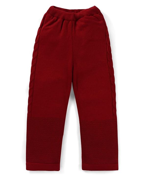 Pine Kids Knitted Full Sleeves Solid Colour Front Open Sweater with Pullover & Pant Set - Dark Red