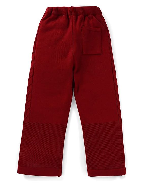 Pine Kids Knitted Full Sleeves Solid Colour Front Open Sweater with Pullover & Pant Set - Dark Red