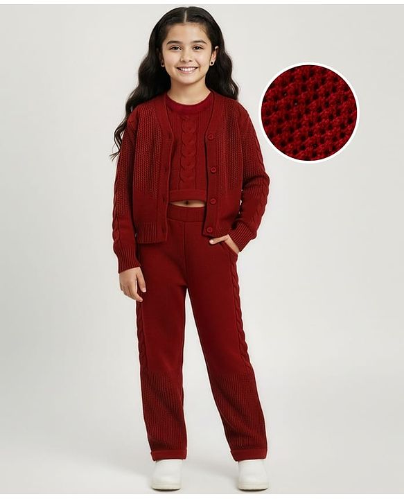 Pine Kids Knitted Full Sleeves Solid Colour Front Open Sweater with Pullover & Pant Set - Dark Red