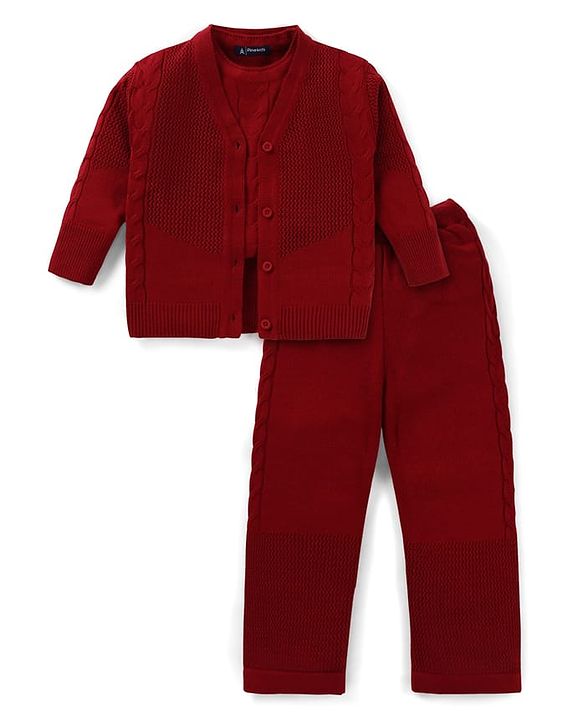 Pine Kids Knitted Full Sleeves Solid Colour Front Open Sweater with Pullover & Pant Set - Dark Red