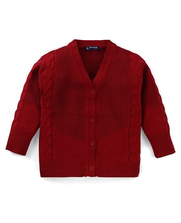 Pine Kids Knitted Full Sleeves Solid Colour Front Open Sweater with Pullover & Pant Set - Dark Red