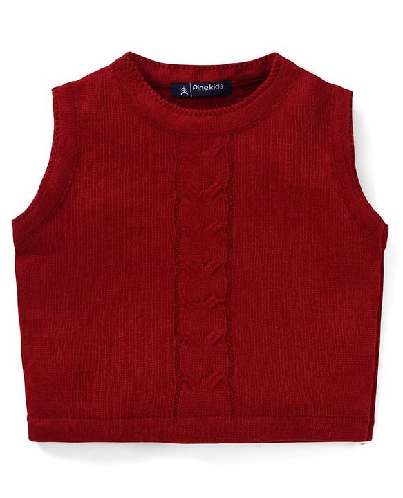 Pine Kids Knitted Full Sleeves Solid Colour Front Open Sweater with Pullover & Pant Set - Dark Red
