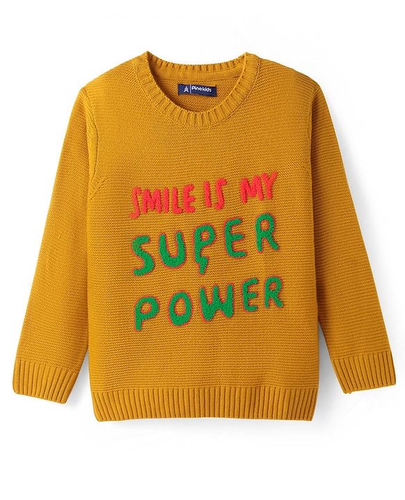 Pine Kids Knitted Full Sleeves Pullover Sweater With Text Patch - Mustard