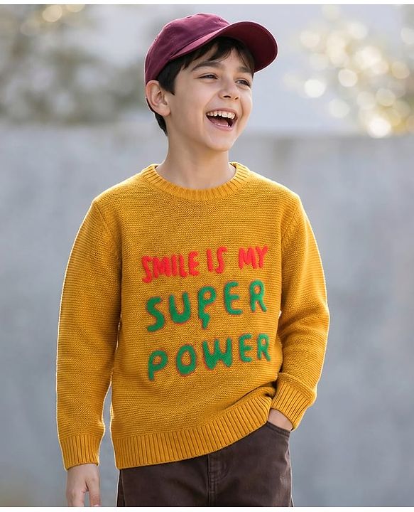 Pine Kids Knitted Full Sleeves Pullover Sweater With Text Patch - Mustard