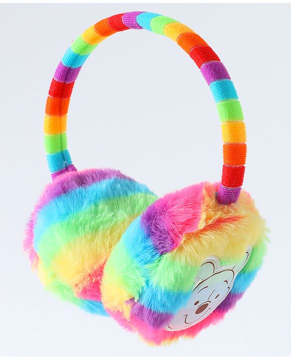 Babyhug Fur Rainbow Design Ear Muffs with Winnie the Pooh Patch - Multicolor