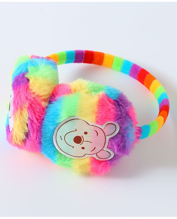 Babyhug Fur Rainbow Design Ear Muffs with Winnie the Pooh Patch - Multicolor