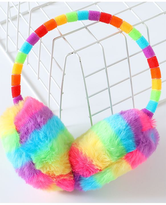 Babyhug Fur Rainbow Design Ear Muffs with Winnie the Pooh Patch - Multicolor
