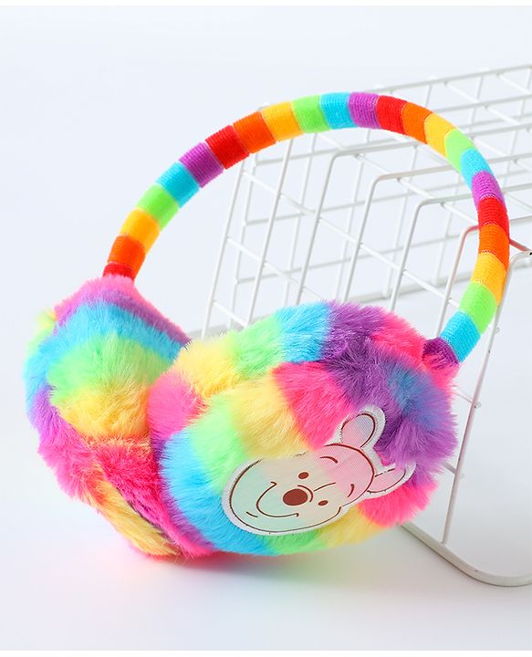 Babyhug Fur Rainbow Design Ear Muffs with Winnie the Pooh Patch - Multicolor