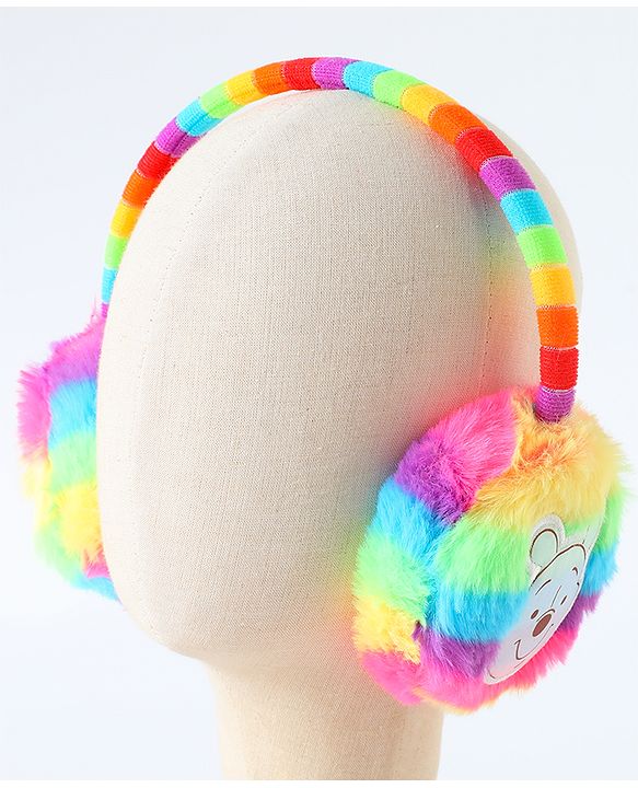 Babyhug Fur Rainbow Design Ear Muffs with Winnie the Pooh Patch - Multicolor