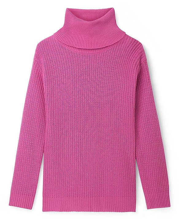Pine Kids Knitted Full Sleeves Solid Colour Turtle Neck Pullover Sweater - Dark Pink
