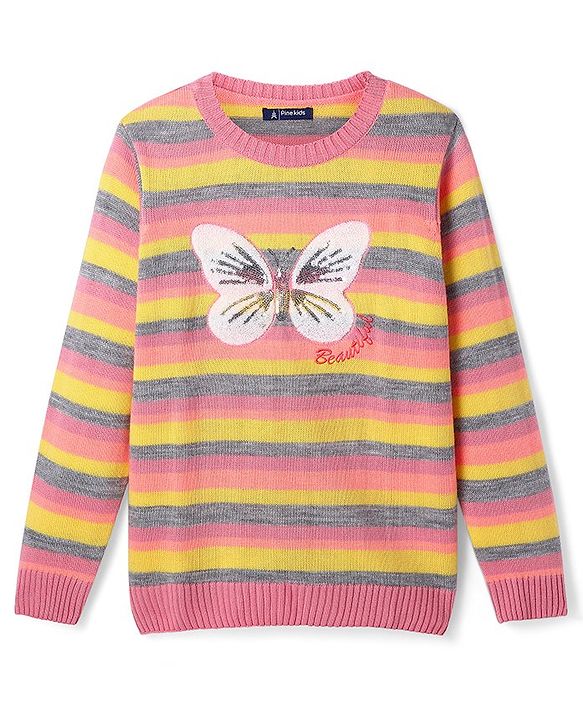 Pine Kids Knitted Full Sleeves Pullover Striped Sweater With Sequinned Butterfly Design - Yellow & Dark Pink
