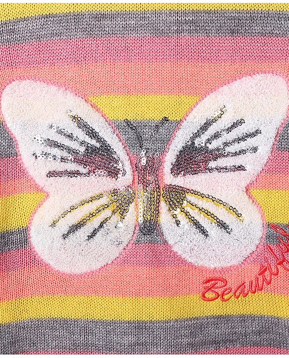 Pine Kids Knitted Full Sleeves Pullover Striped Sweater With Sequinned Butterfly Design - Yellow & Dark Pink