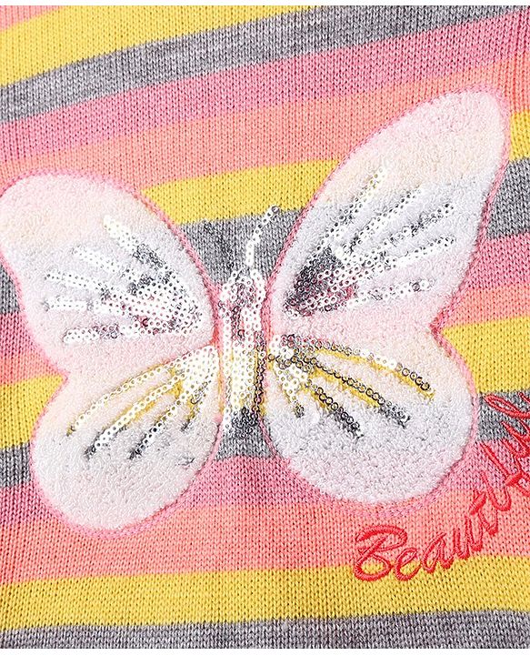 Pine Kids Knitted Full Sleeves Pullover Striped Sweater With Sequinned Butterfly Design - Yellow & Dark Pink