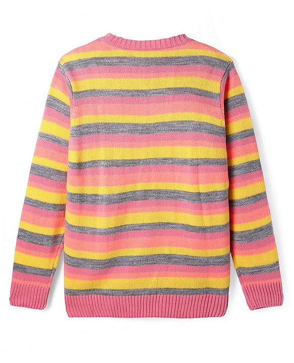 Pine Kids Knitted Full Sleeves Pullover Striped Sweater With Sequinned Butterfly Design - Yellow & Dark Pink