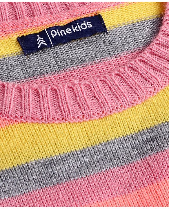 Pine Kids Knitted Full Sleeves Pullover Striped Sweater With Sequinned Butterfly Design - Yellow & Dark Pink