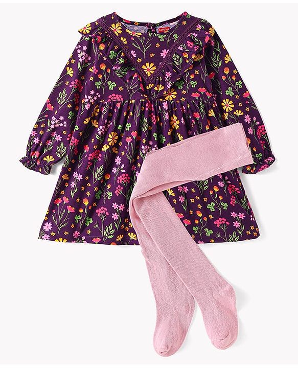 Babyhug Cotton Knit Full Sleeves Floral Printed Frock with Leggings - Wine