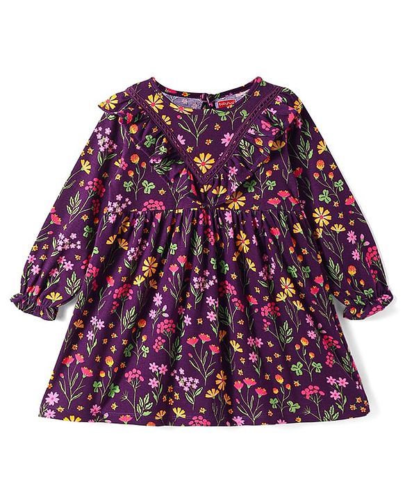 Babyhug Cotton Knit Full Sleeves Floral Printed Frock with Leggings - Wine