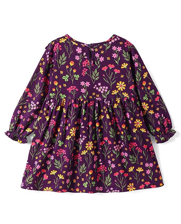 Babyhug Cotton Knit Full Sleeves Floral Printed Frock with Leggings - Wine