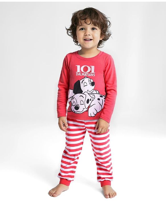 Babyhug Disney Cotton Knit Full Sleeves Night Suit With Stripes & 101 Dalmatians Print - Red