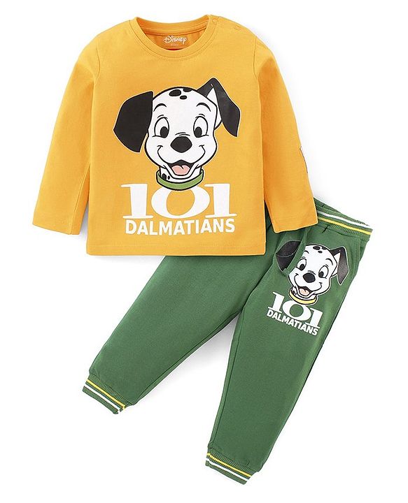 Babyhug Disney Cotton Knit Full Sleeves T-Shirt & Lounge Pants Set With 101 Dalmatians Graphics & Badge Detailing - Mustard & Green