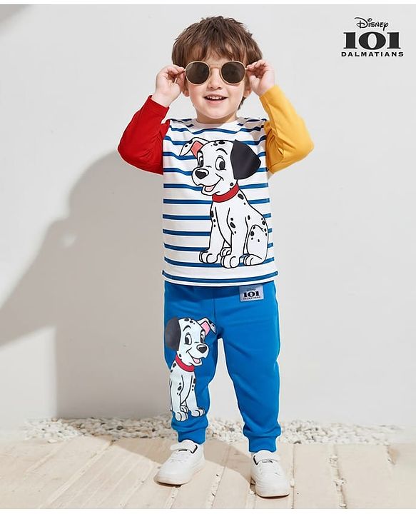 Babyhug Disney Terry Knit Full Sleeves T-Shirt & Lounge Pants Set With 101 Dalmatians Graphics & Badge Detailing - Blue Red & Yellow