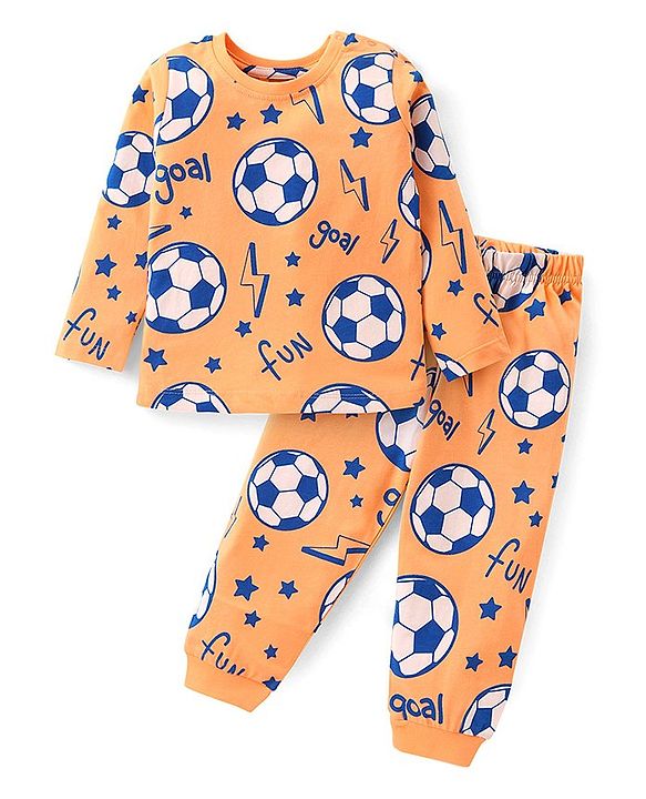 Babyhug Cotton Knit Full Sleeves Night Suit with Football Print - Orange