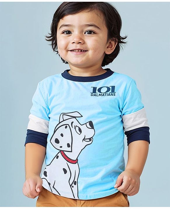 Babyhug Disney Single Jersey Knit Full Sleeves T-Shirt With 101 Dalmatians Graphics & Badge Detailing - Blue