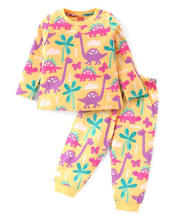 Babyhug Cotton Knit Full Sleeves Night Suit With Dinosaurs Print - Yellow