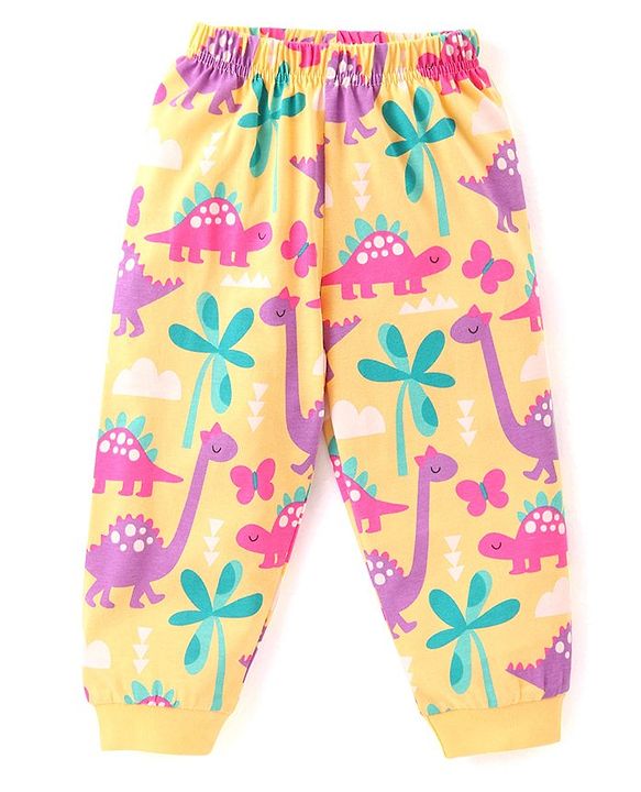 Babyhug Cotton Knit Full Sleeves Night Suit With Dinosaurs Print - Yellow
