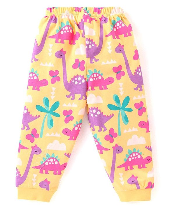 Babyhug Cotton Knit Full Sleeves Night Suit With Dinosaurs Print - Yellow