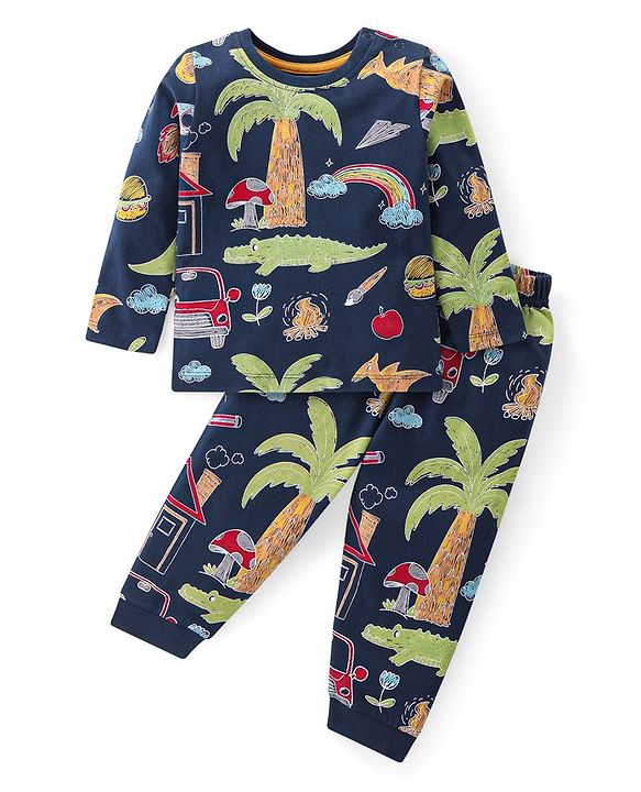 Babyhug Cotton Knit Full Sleeves Night Suit With Animals Print - Navy