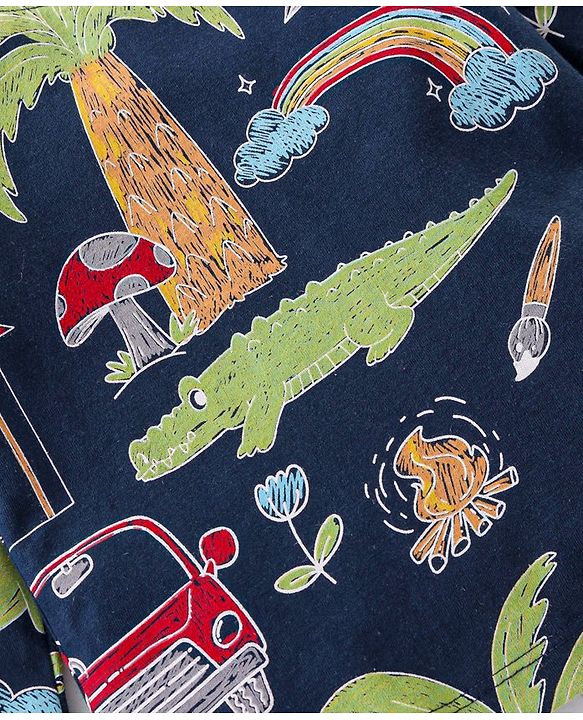 Babyhug Cotton Knit Full Sleeves Night Suit With Animals Print - Navy