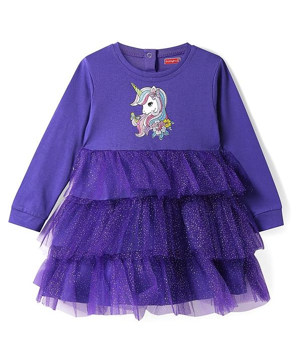 Babyhug Cotton Knit Full Sleeves Layered Frock with Shimmer Detailing & Unicorn Print - Purple
