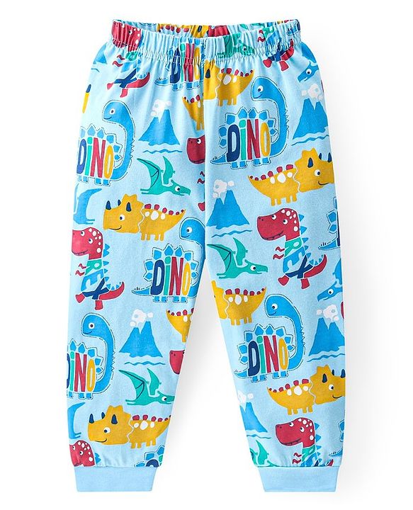 Babyhug Cotton Knit Full Sleeves Night Suit With Dino Print - Blue