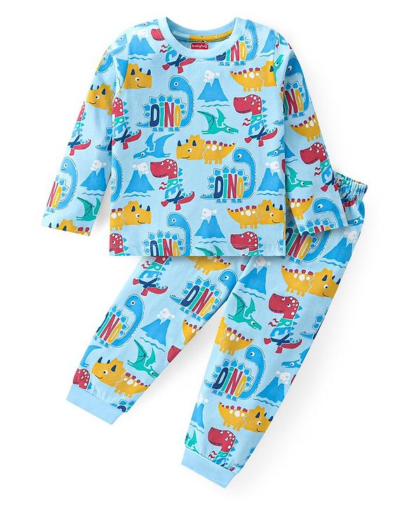 Babyhug Cotton Knit Full Sleeves Night Suit With Dino Print - Blue
